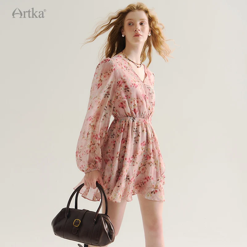 ARTKA 2024 Early Autumn New Women Dress Elegant Floral V-Neck Chiffon Dresses Long Puff Sleeve High Waist Dress LA92645Q