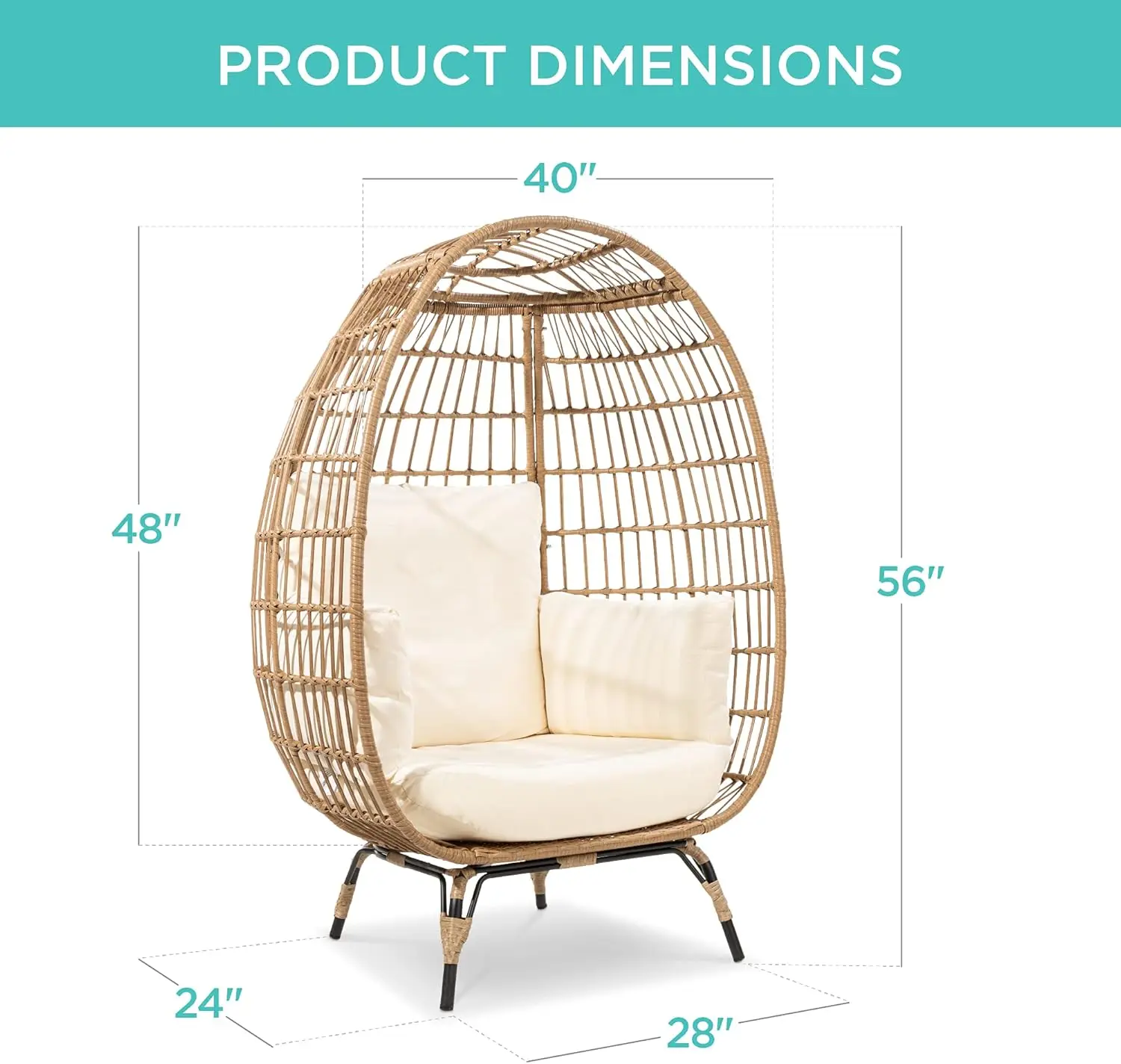 Sedia per uova in vimini, lettino oversize per interni/esterni, 4 cuscini, struttura in acciaio, capacità 440 libbre - Avorio