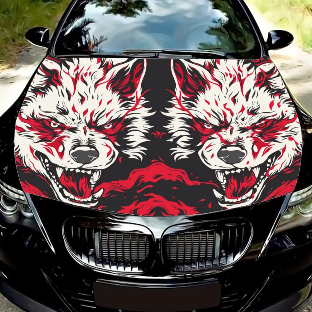 

Dual Wolf Growl: Flame and Wild Graphics Car Vinyl Wraps, Car Hood Vinyl Sticker, Cool Graphics to Grab Attention