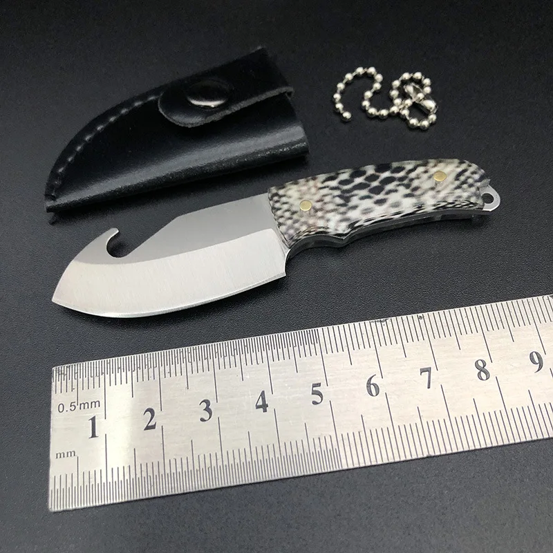 Portable Mini Fixed Blade Knives for Express Box Collection Keychain Small Kitchen Knife Beer Opening  Gift with Leather Case