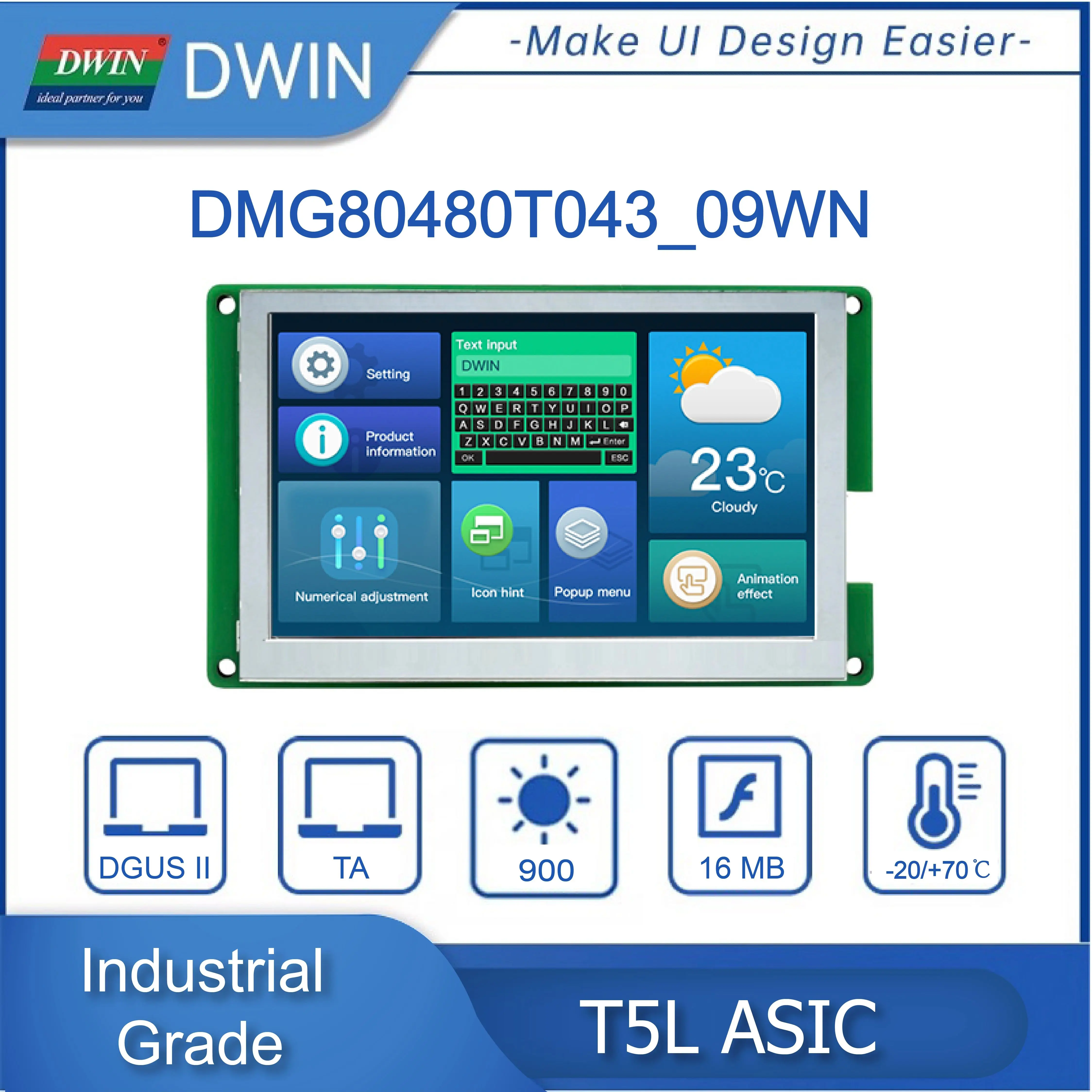 DWIN 4.3 Inch 800x480 TFT LCD Display Module IPS Industrial Grade HMI TTL/RS232 High Brightness Touch Screen DMG80480T043_09W