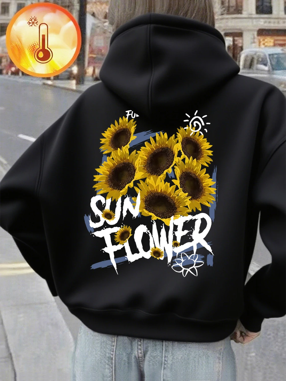 Felpe con cappuccio con stampa piena di girasole Pullover caldi in pile invernale da donna Nozioni di base Felpe con tasche Abiti casual da donna larghi