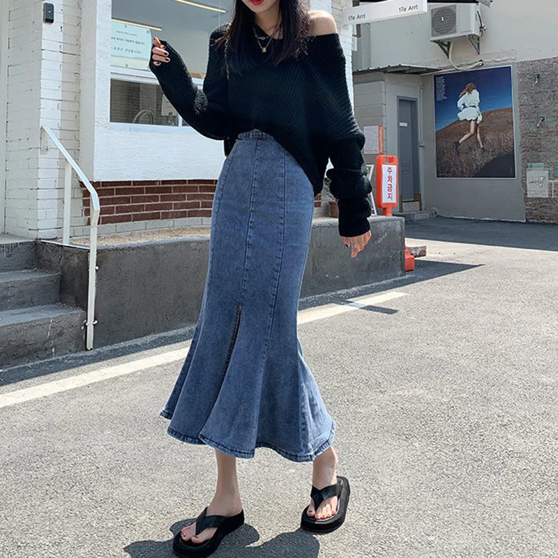 

2022 Rimocy Fashion Split Long Denim Skirt for Women Summer High Waisted Mermaid Skirts Woman Package Hip Flare Skirt Female