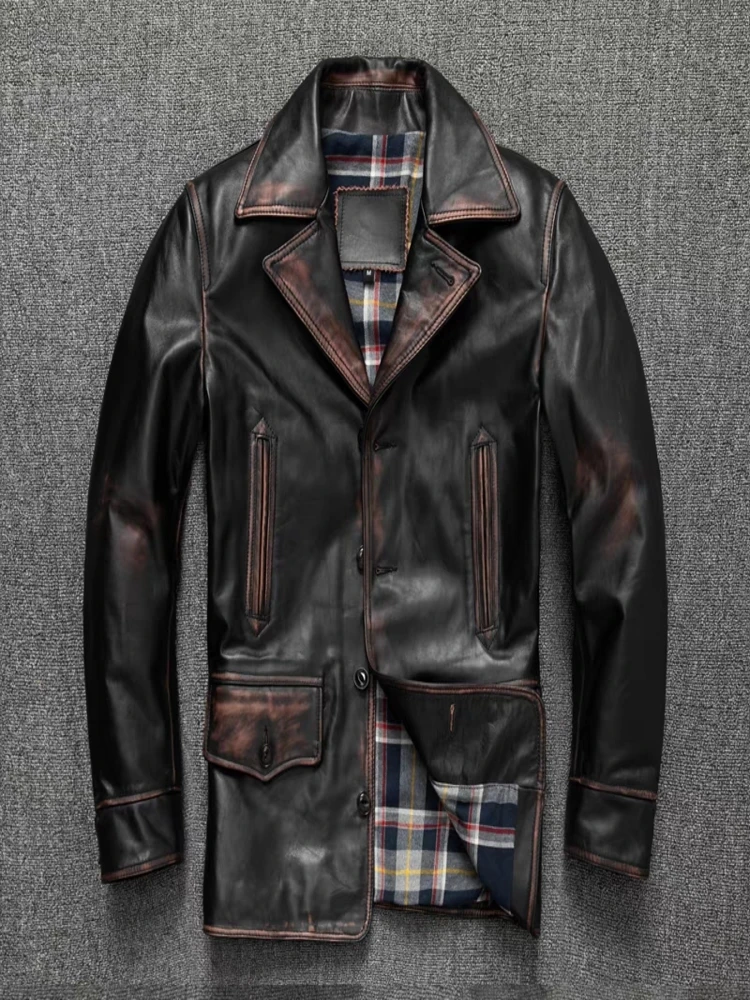 Mid Length Horsehide Jacket Top Layer Genuine Leather Men's Coat American Dispatcher Autumn