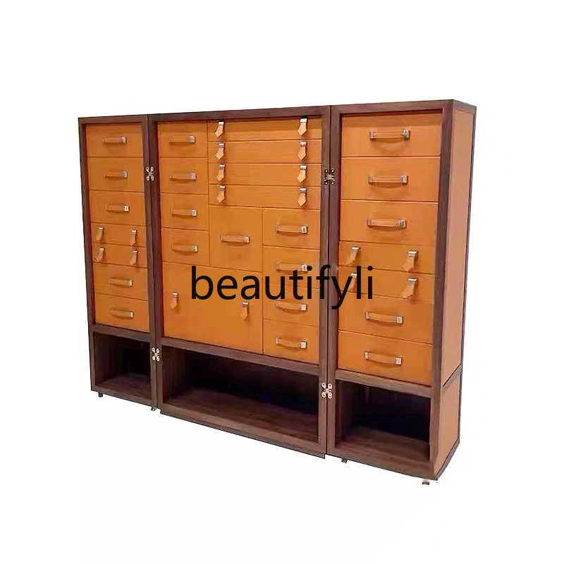 Light luxury saddle leather floor-to-ceiling jewelry storage cabinet Orange high-end villa home jewelry cabinet