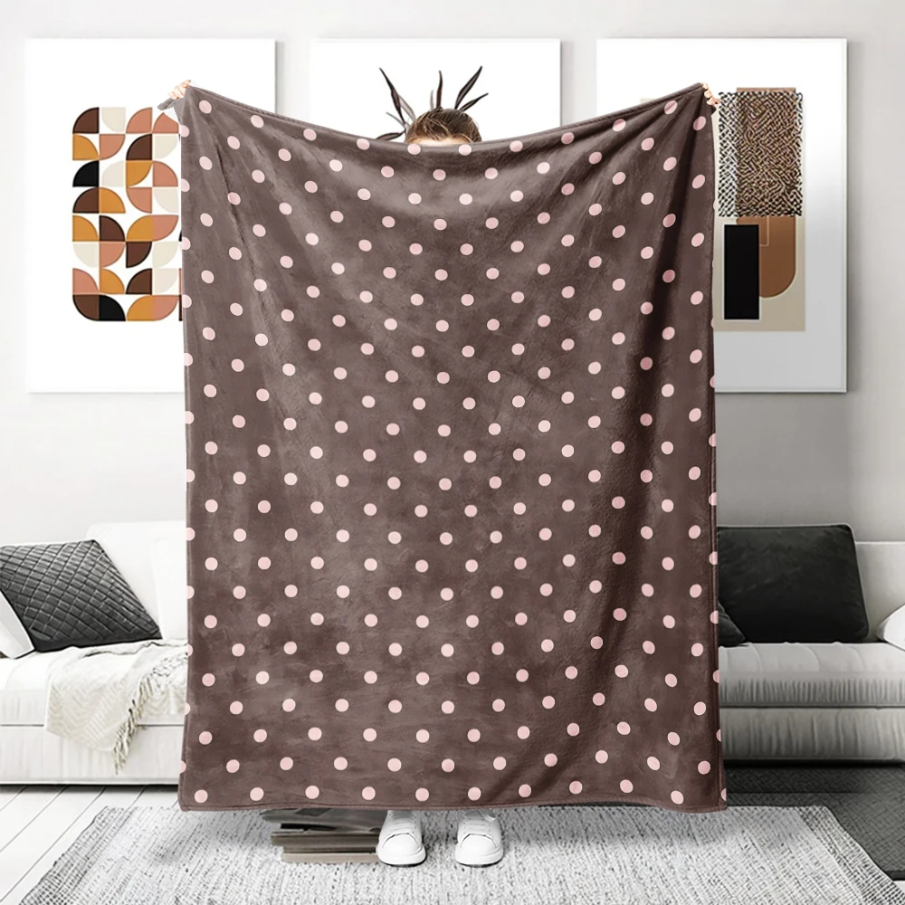 Brown Pink Polka Dots Lightweight Flannel Blanket Breathable Cozy Throw Blanket for Spring Summer Sofa Bed Air Conditioning