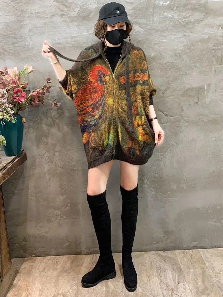 Max LuLu 2024 Winter Knitwear Womens Printed Hooded Cardigans Ladies Casual Fashion Warm Vintage Luxury Loose Classic Sweaters