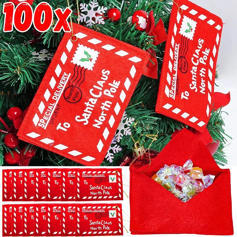 1/100Pcs Christmas Red Felt Letter Envelopes Candy Bag Non-Woven Embroidered Card Candy Gifts Bags Xmas Tree Hanging Ornaments