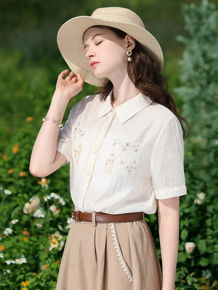 I BELIEVE YOU French Short Sleeve Shirts & Blouses Women 2024 Summer New Embroidery Pretty Office Lady Basics Shirt 2242055510