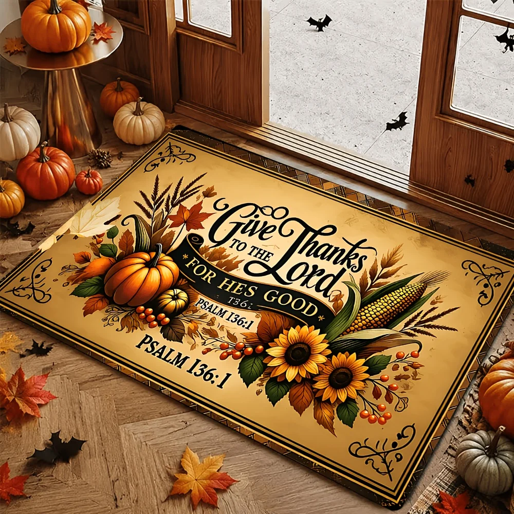 Fall Thanksgiving Rectangular Area Rug Pumpkin Sunflower Text Slogan Graphic Art Mat for Indoor Porch Seasonal Home Space