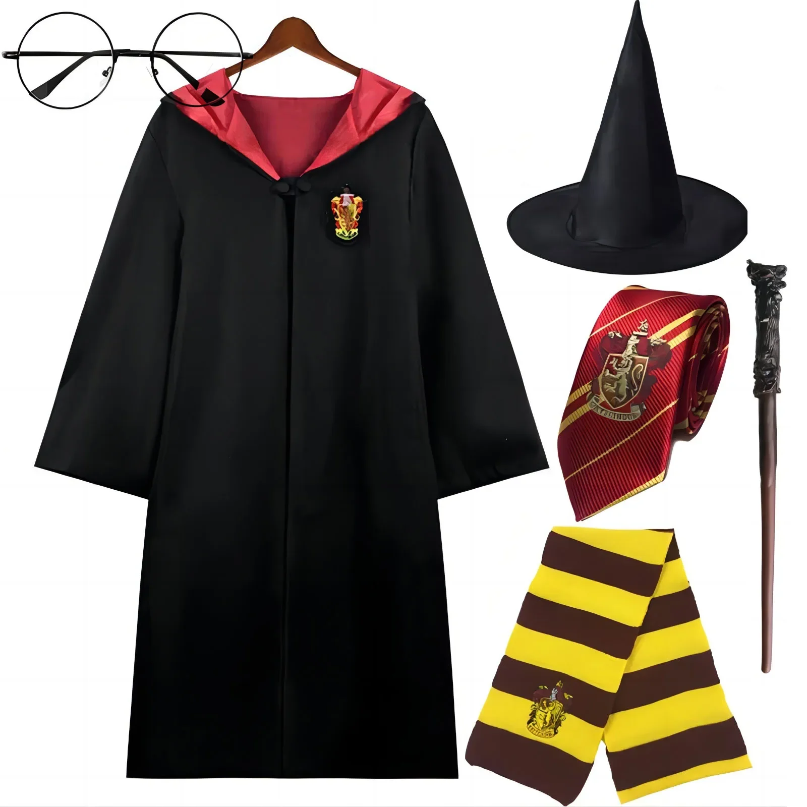 Disfraces de Hogwarts para Cosplay, Escuela de brujería y hechicería, batas Cos, sombrero de mago de Halloween, corbata, bufanda, varita mágica,