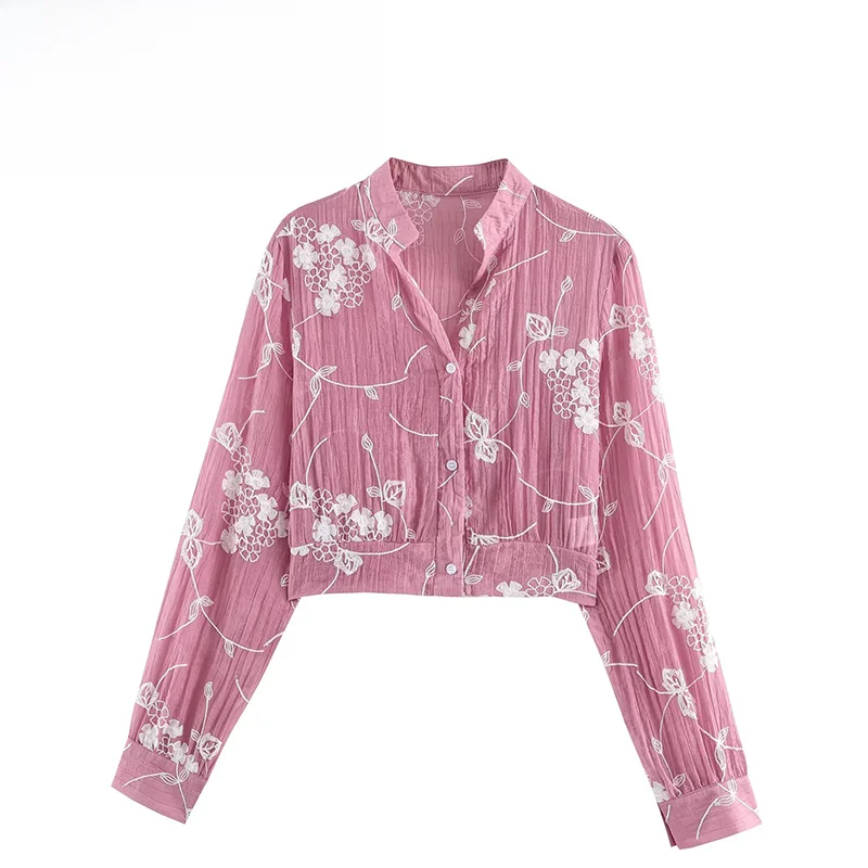 

Fashionable Commuter Style Shirt Women's Slim Fit Polyester Short Sleeve Embroidered Stand Collar Spring New Arrival