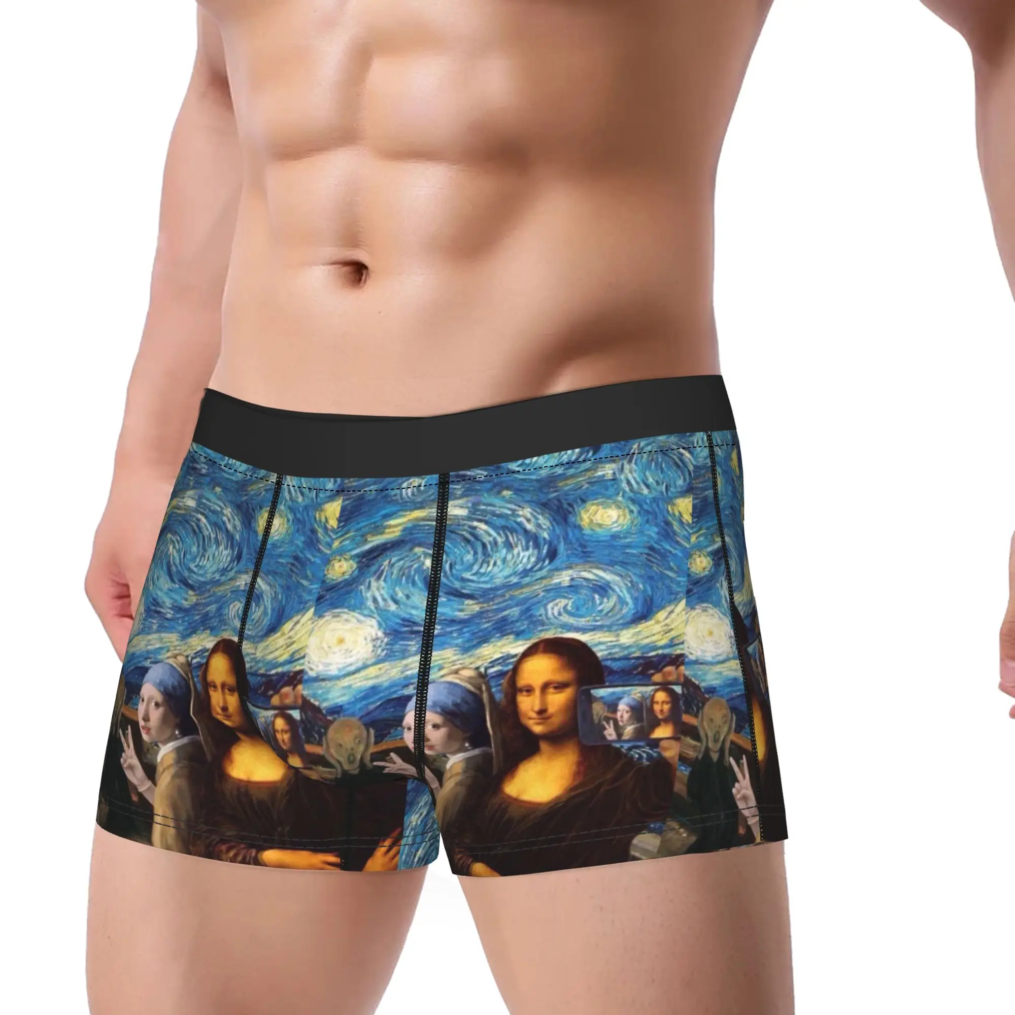 Selfie Mona Lisa And Friends Underwear  Men Underpants Custom DIY Classic Boxer Shorts Trenky Boxer Brief Plus Size 2XL