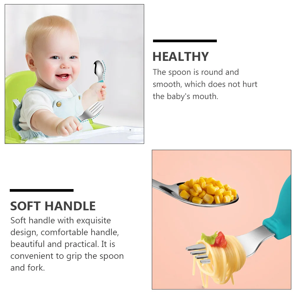 

Stainless Steel Silicone Spoon Fork Training Spoons Baby Feeding Tableware Forks Toddler Serving Utensils