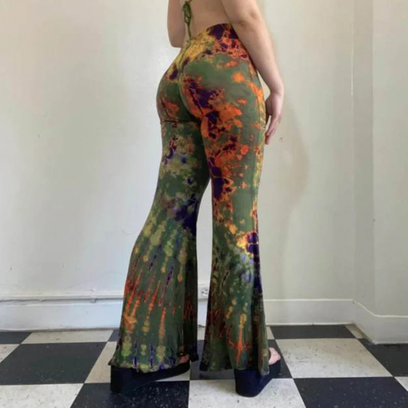 Rapcopter Printed Vintage Flare Pants Women y2k Low Waisted Slim Hippie Boho Trousers Streetwear Casual Pants Harajuku Clothes