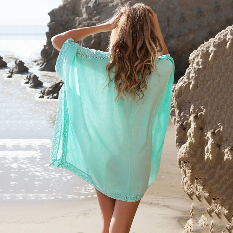 غطاء بكيني بأكمام طويلة من الدانتيل باللون الأبيض والأخضر للصيف 2023 ملابس سباحة نسائية مثيرة فضفاضة بأكمام تشبه جناح الخفّاش بدلة سباحة لتغطية الشاطئ