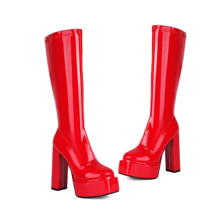 2024 Winter New Styles Fashion High Cylinder Elasticity Women's Boots Sexy Round Toe Square Heel Knee-High Modern Boots 14CM