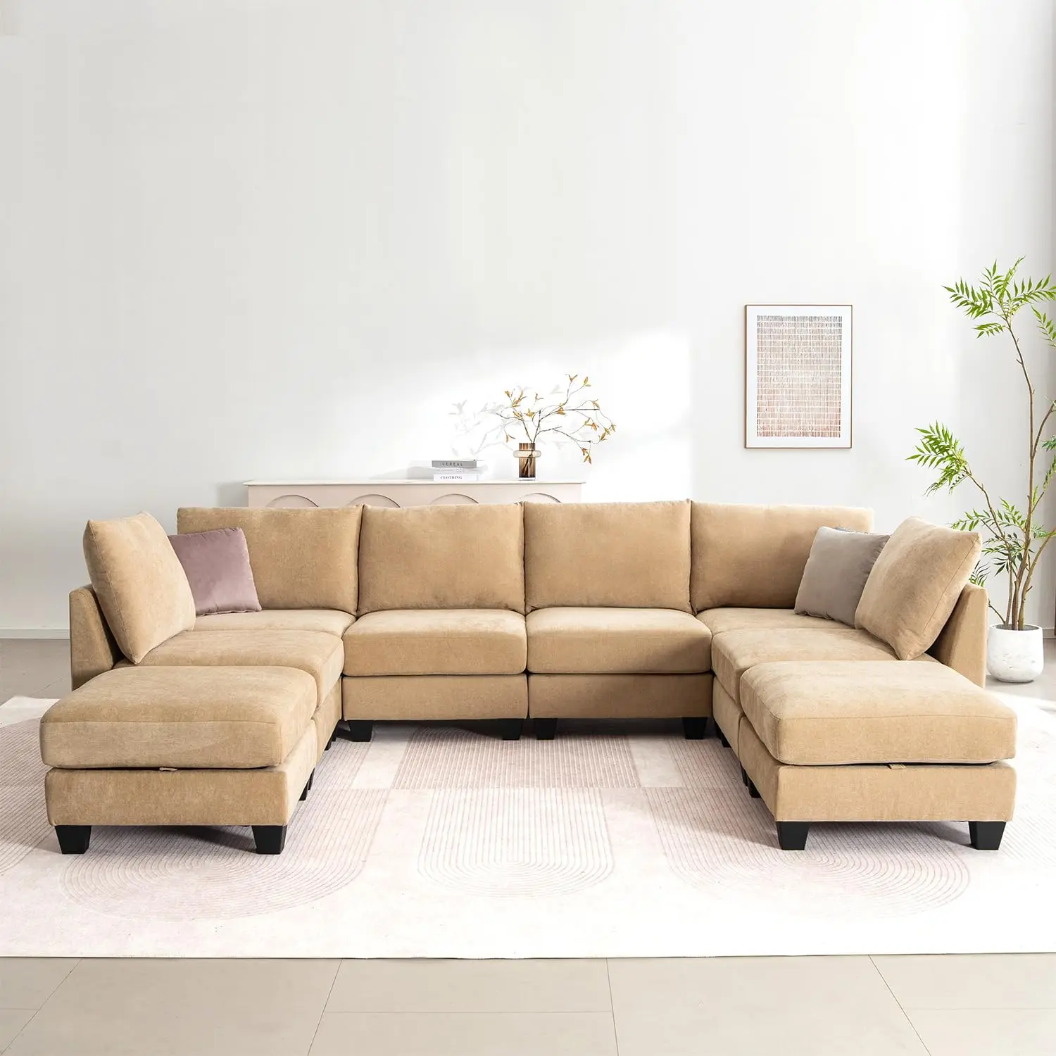 8 Seater U-Shaped Sectional Couches with Storage Ottoman, Camel, Customized