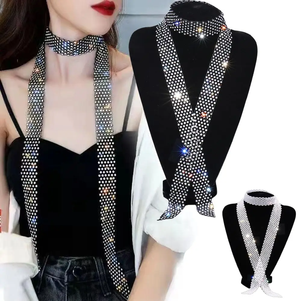 90/130/150cm Rhinestone Tie Shiny Long Necktie Hollow Out Exquisite Dazzling Embellished Tie