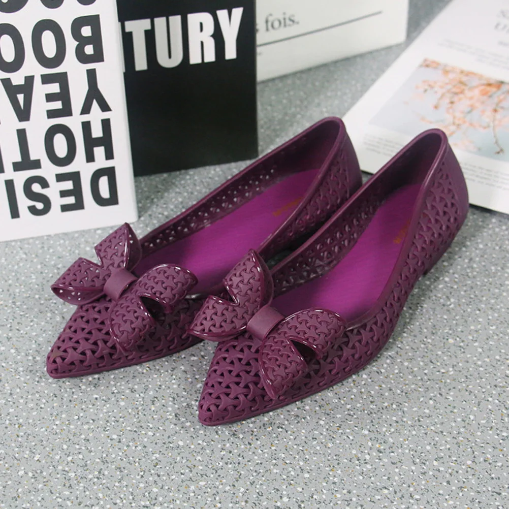 1 paar Spitz Frauen Schuhe Lila Größe 37 Aushöhlen Bowknot Flache Ferse Wasserdicht Casual Strand Sandalen Frauen Schuhe
