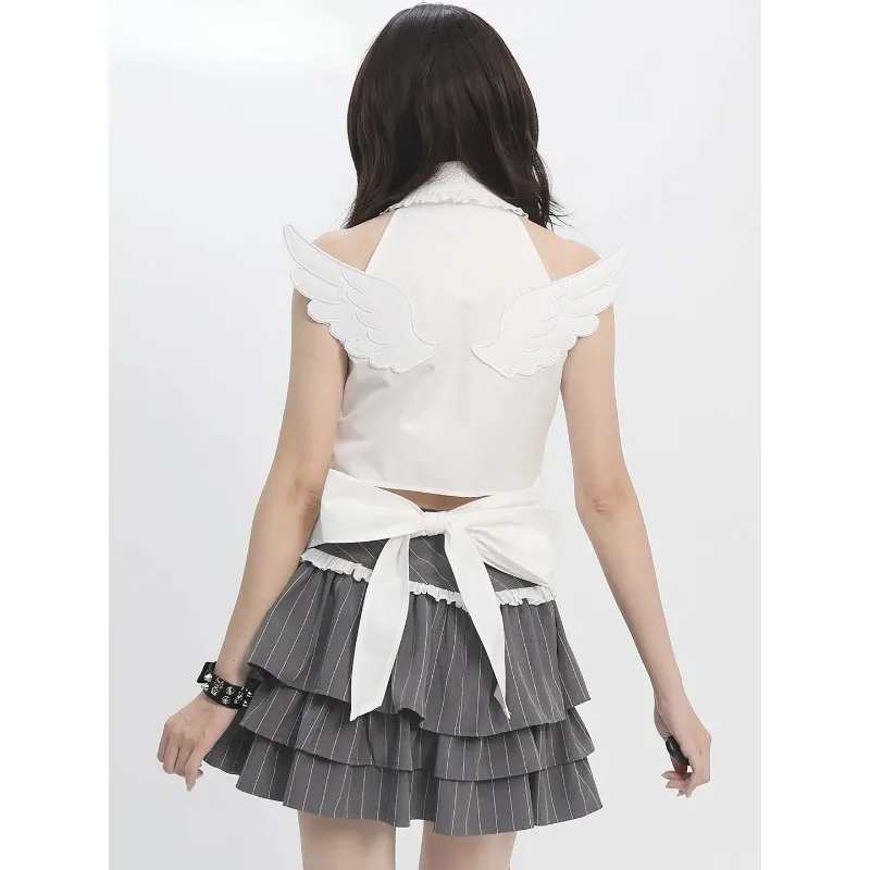 

Sleeveless Blouse with Tie Retro Turn-down Collar 2026 New Y2k Style Slimming Women's Tops Summer Fashion Casual Shirt
