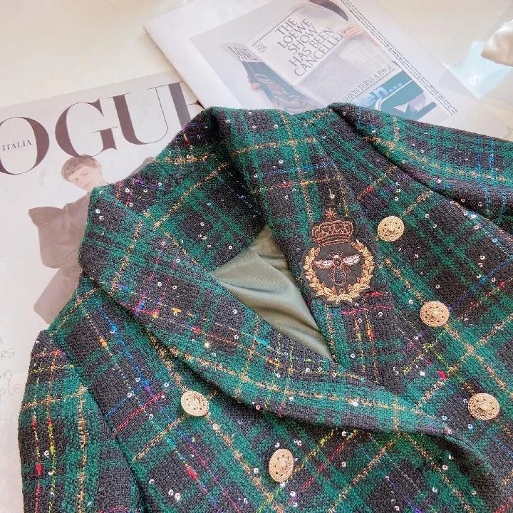 Fashion Street Style Green Casual Suit for Girls V-neck Checkered Long Sleeved Jacket+button Up Skirt Korean Version