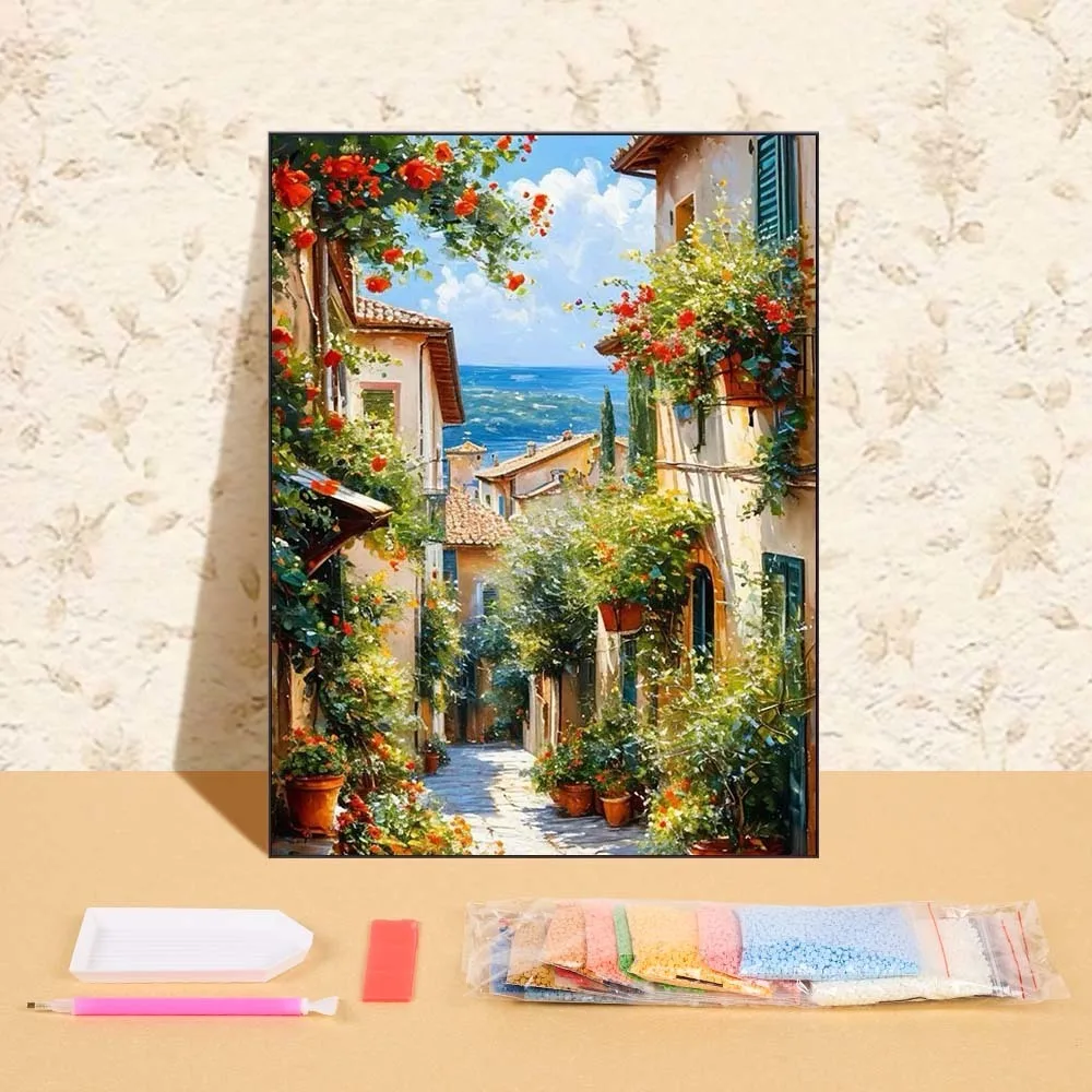 

Full Round Drill 5D DIY Diamond Painting Cross Stitch Mosaic Wall Art Home Decoration Diamond Embroidery Seaside Flower Town