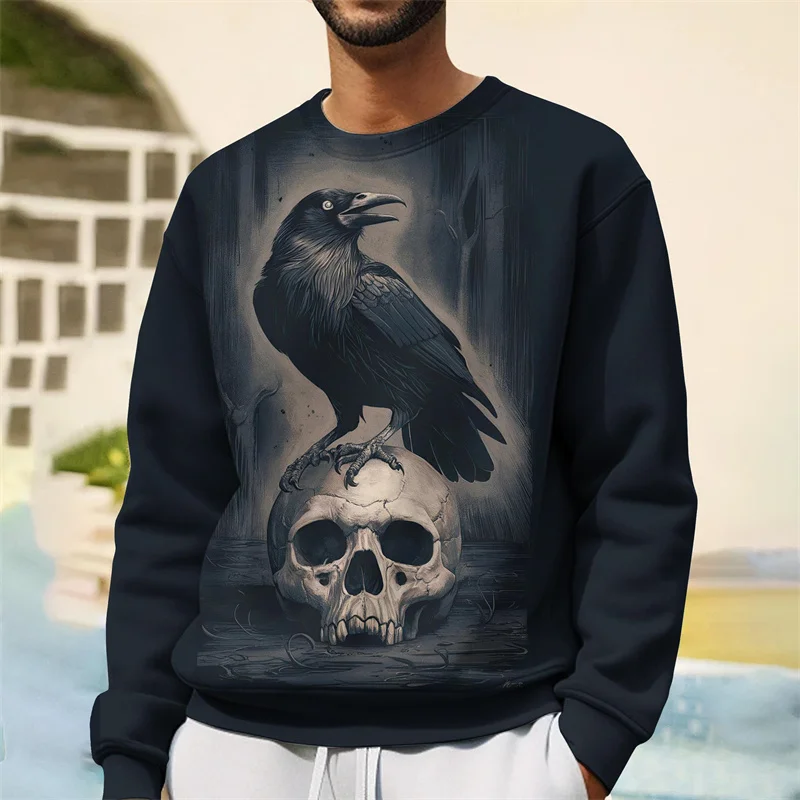 

Crows Skeletons Pattern Hoodie For Men Cool Bird 3D Printed Sweatshirt Autumn Long Sleeve Tops Loose Pullovers Crew Neck Hoodies
