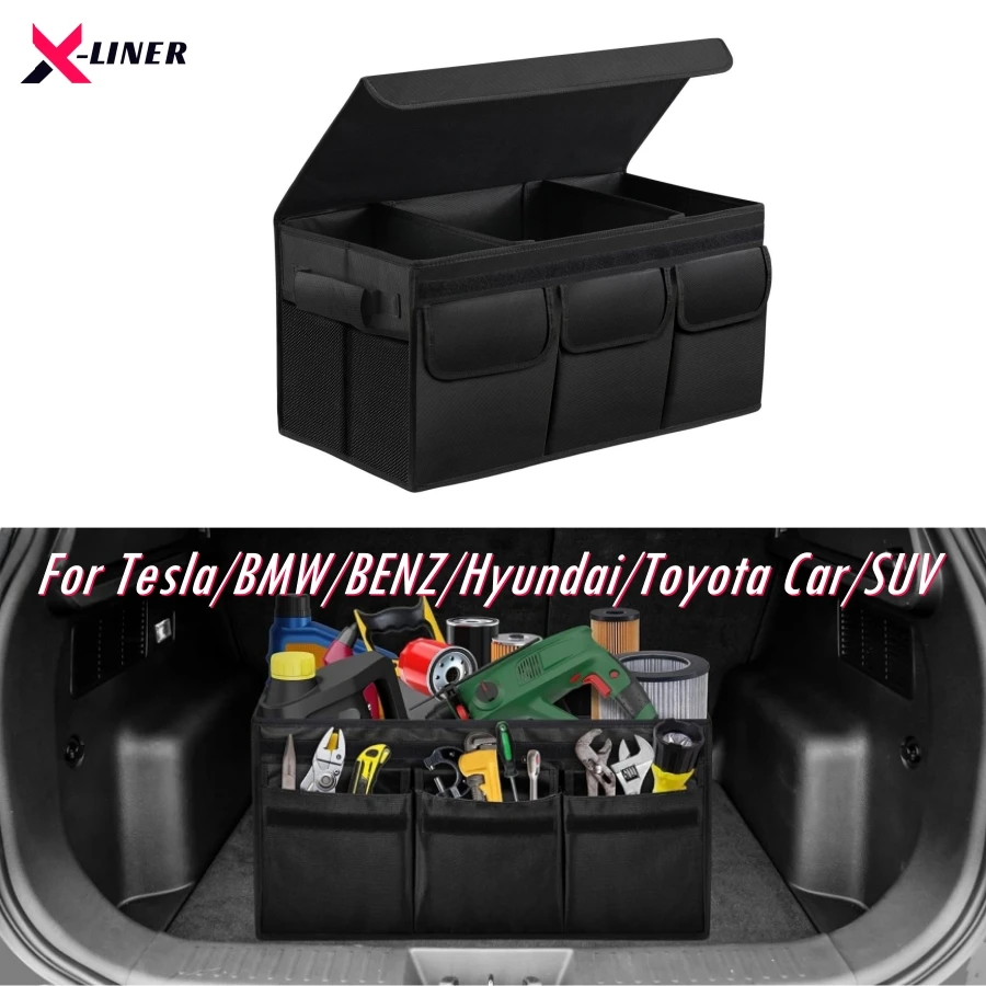 

Black Foldable Trunk Storage Organizer For Tesla BMW BENZ Hyundai Car Trunk Organizer With Lid Collapsible Trunk Organizer