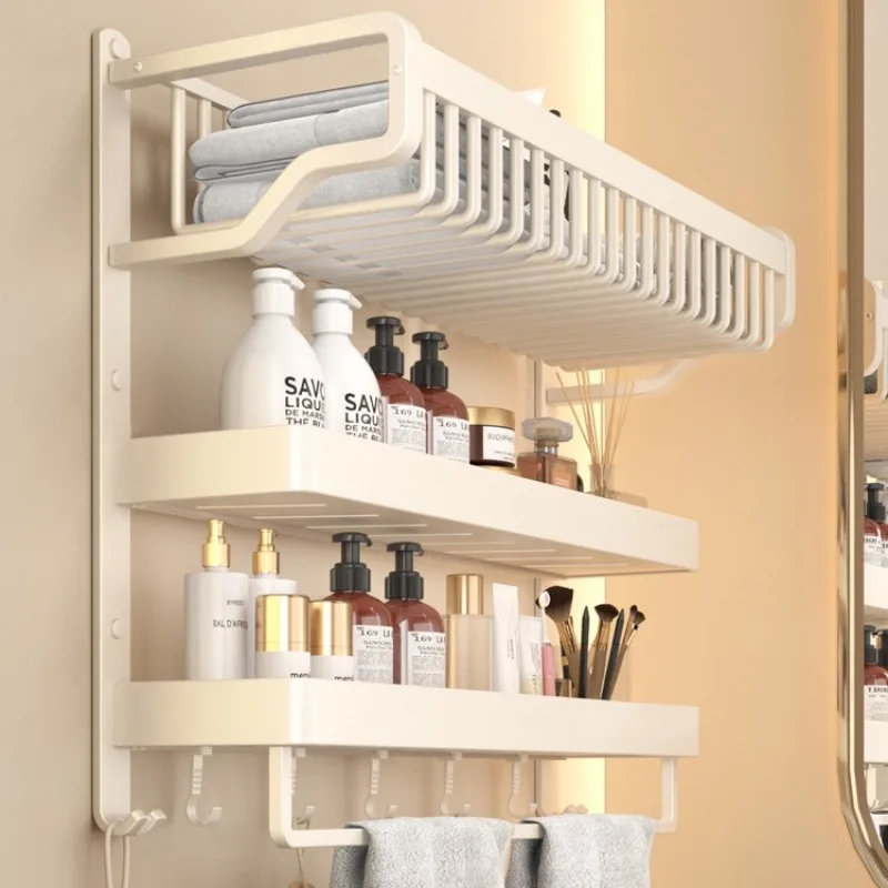 

No Drill Cream Color Towel Rack, Over Door Rust-Proof Bathroom Storage Organizer &Ventilated Wall Mounted Drying Rack for Shower