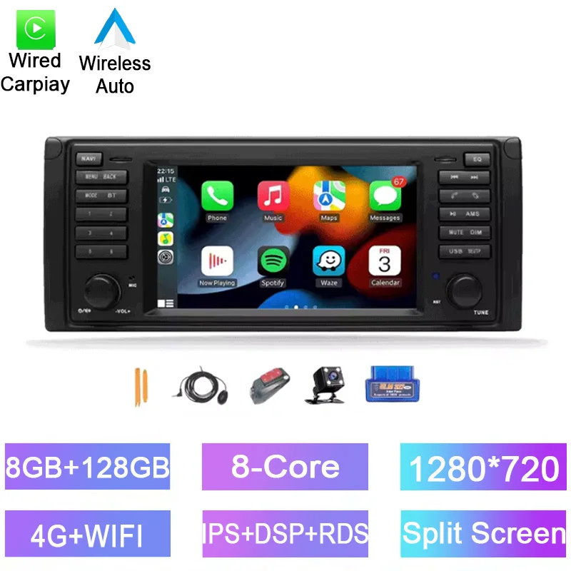 

Android car radio for BMW 5 E39 X5 E53 M5 E38 1994-2007 stereo screen Wireless CarPlay Bluetooth GPS Navigation FM radio 7’
