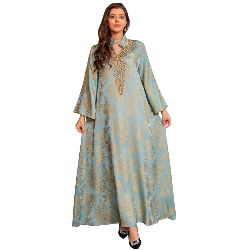 มุสลิมชุดราตรี Jacquard ปักชุดลูกปัดแฟชั่น Kaftan อาหรับดูไบครึ่งเปิดยืนคอ Robe