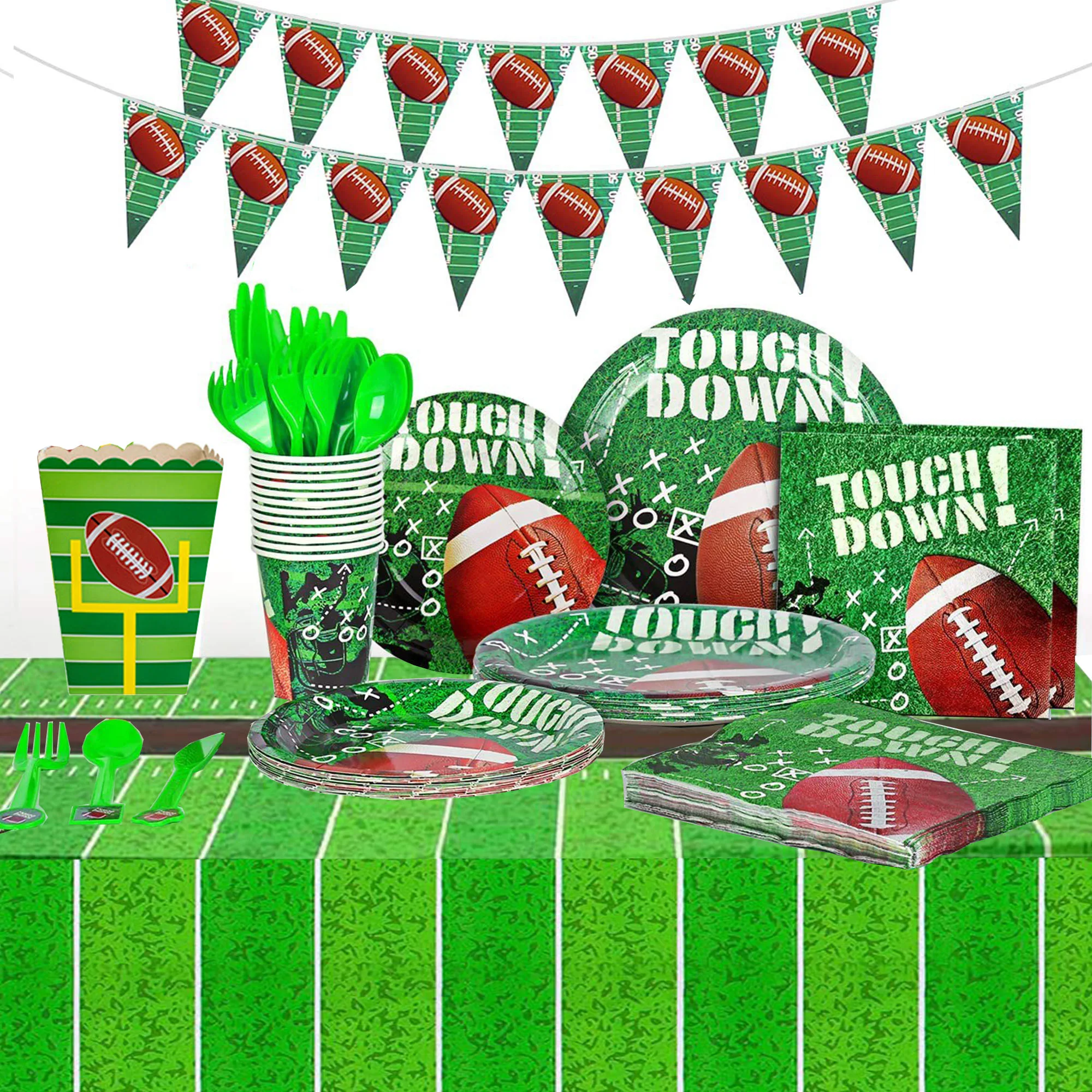 Football Party Supplies Super Bowl Decorations Kit Serves 16 include Dinner Plate Cup Napkin Flatware Football Tablecloth Pennan