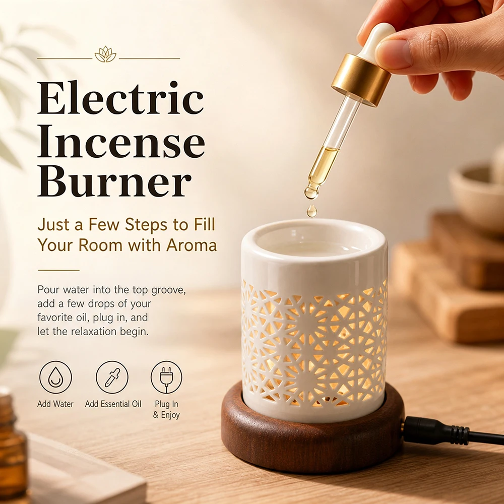 Ceramic Electric Essential Oil Burner Electronic Incense Burner with Heating Lamp Adjustable Temp & Timer Wax Warmer Night Light