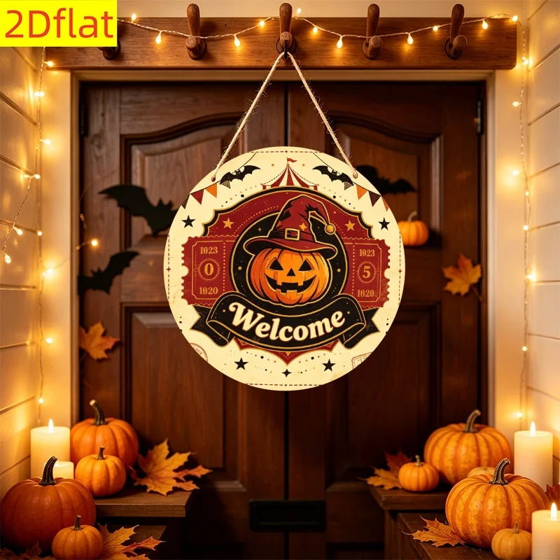 2D Flat, 2D Flat Wooden Round Hanging Sign, 1pc Per Pack. Suitable for Front Door Wall Hanging, Ideal for Halloween, Christmas,