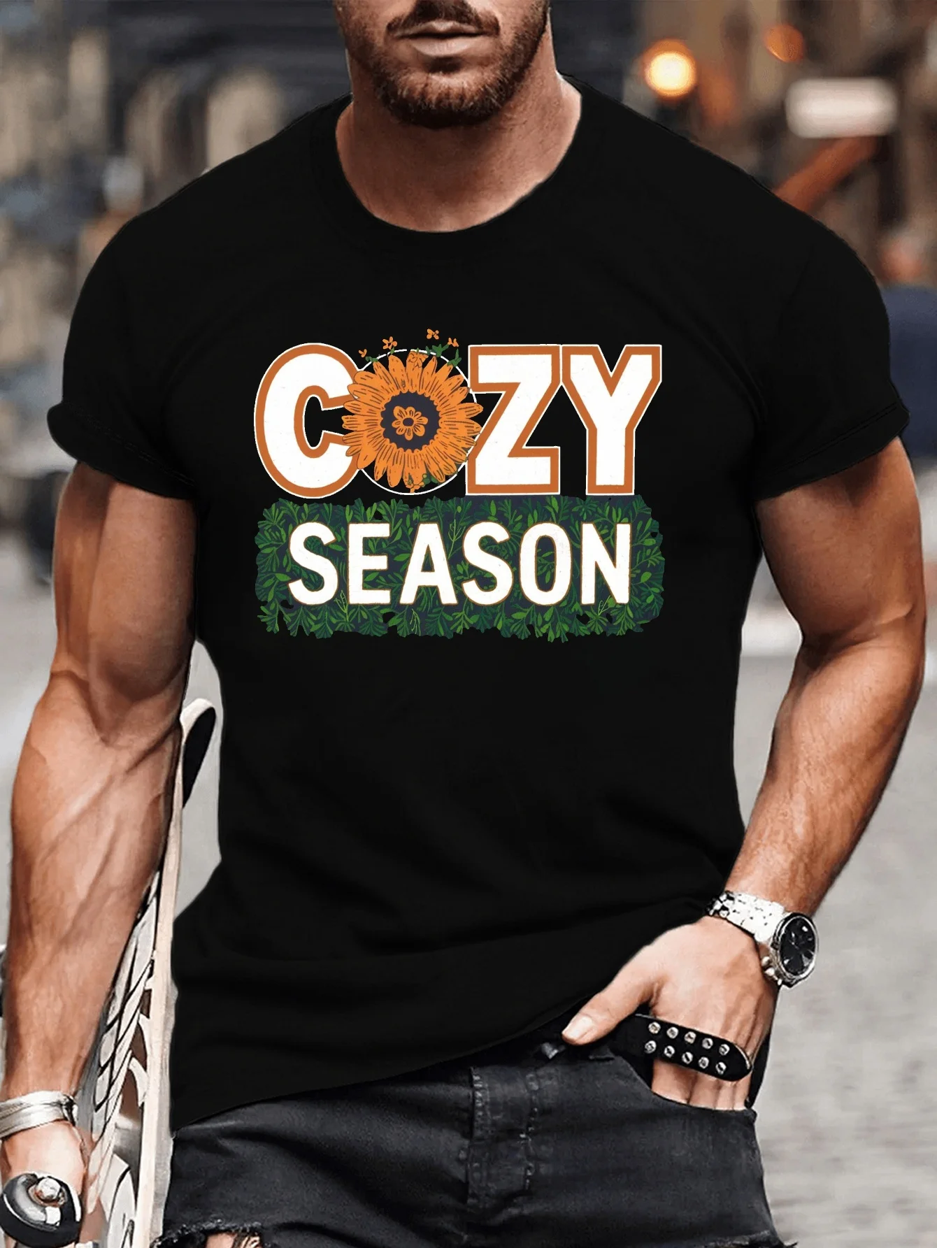 تي شيرت صيفي للرجال، تي شيرت مريح بأكمام قصيرة مطبوع بنمط موسم المريح للارتداء الكاجوال العصري، مناسب للاستخدام اليومي