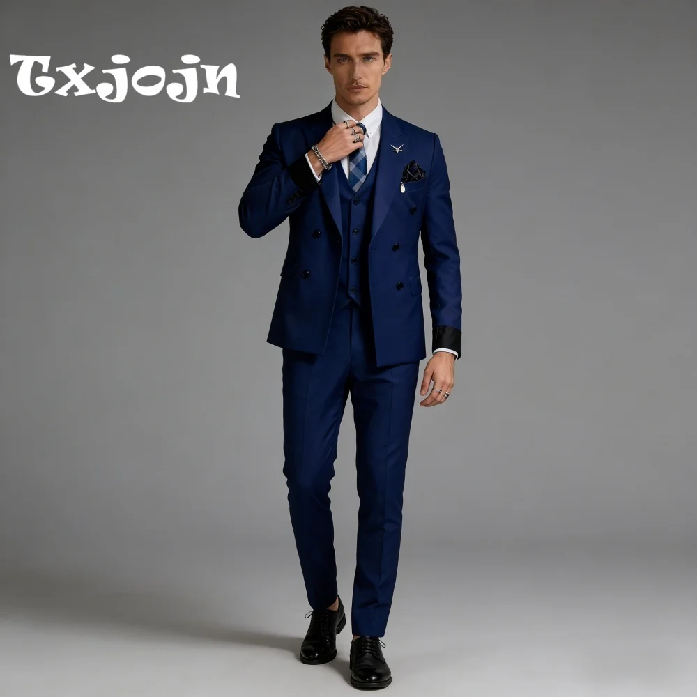 

Vibrant Royal Blue Peak Lapel For Men Wedding Formal Double Breasted 3PCS Suit Groom Suit Set Jacket Vest Pants Customized