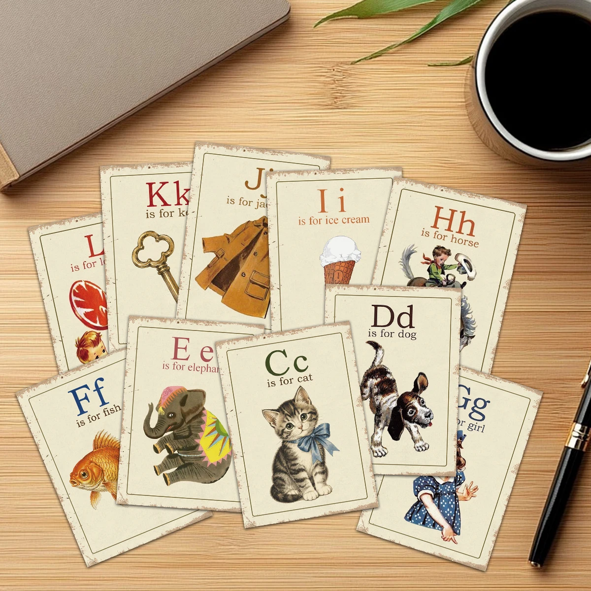 26pcs Full A-Z Alphabet Cards,Illustrated With Real-World Objects,Homeschool English Vocabulary Teaching Memorization Supplies