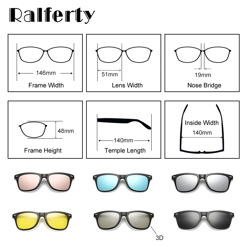 Ralferty Magnetic Sunglasses Women Men Clip On Sunglass Polarized UV400 TR90 3D Night Vision Prescription Optic Eyeglasses Frame