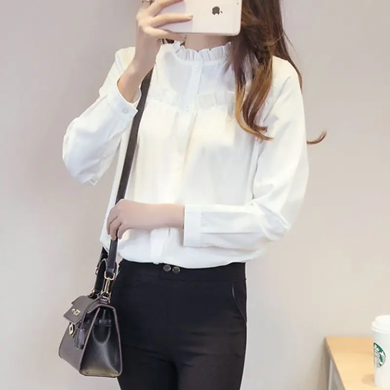 Elegant Solid Color Button Ruffle Shirts Women\'s Clothing 2024 Spring Summer New Loose Office Lady Tops Office Lady Blouses