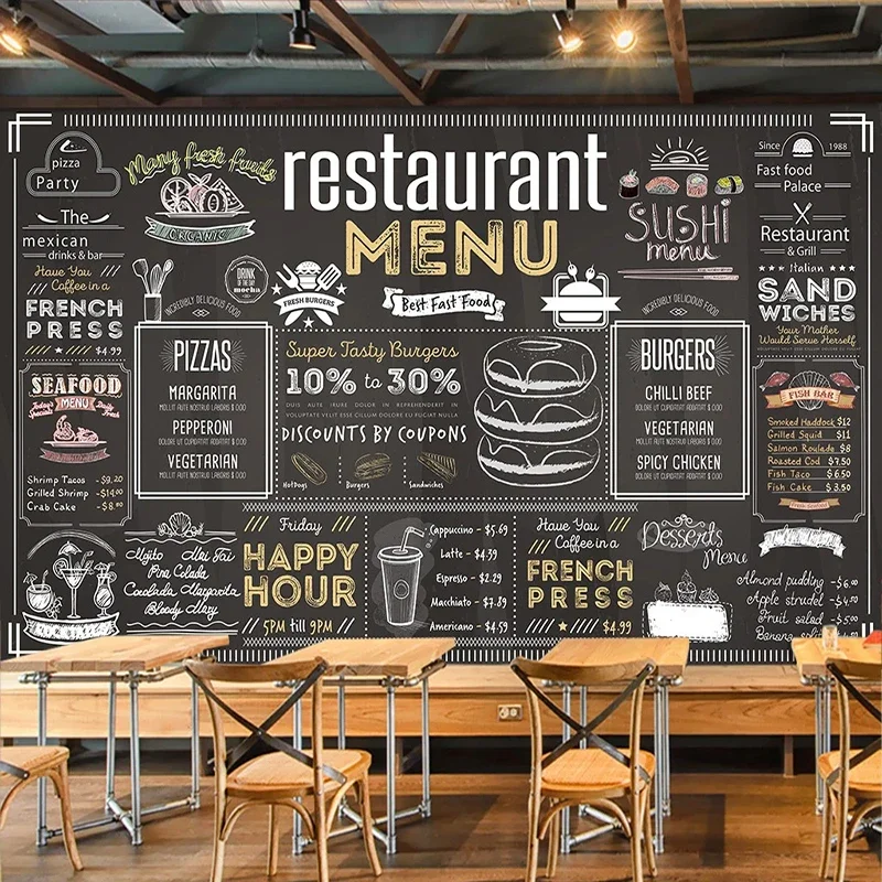 

Custom 3D Wallpaper European Style Fashion Graffiti Blackboard English Letter Restaurant Cafe Bar Background Wall Decor Frescoes