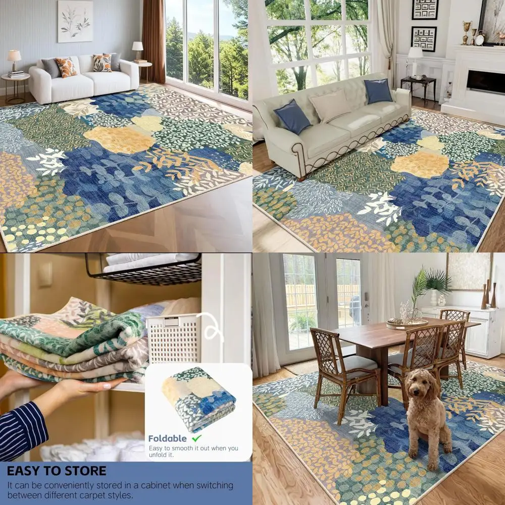 

8x10 Soft Non-Slip Boho Floral Rug, Washable Abstract Carpet for Living Room, Bedroom