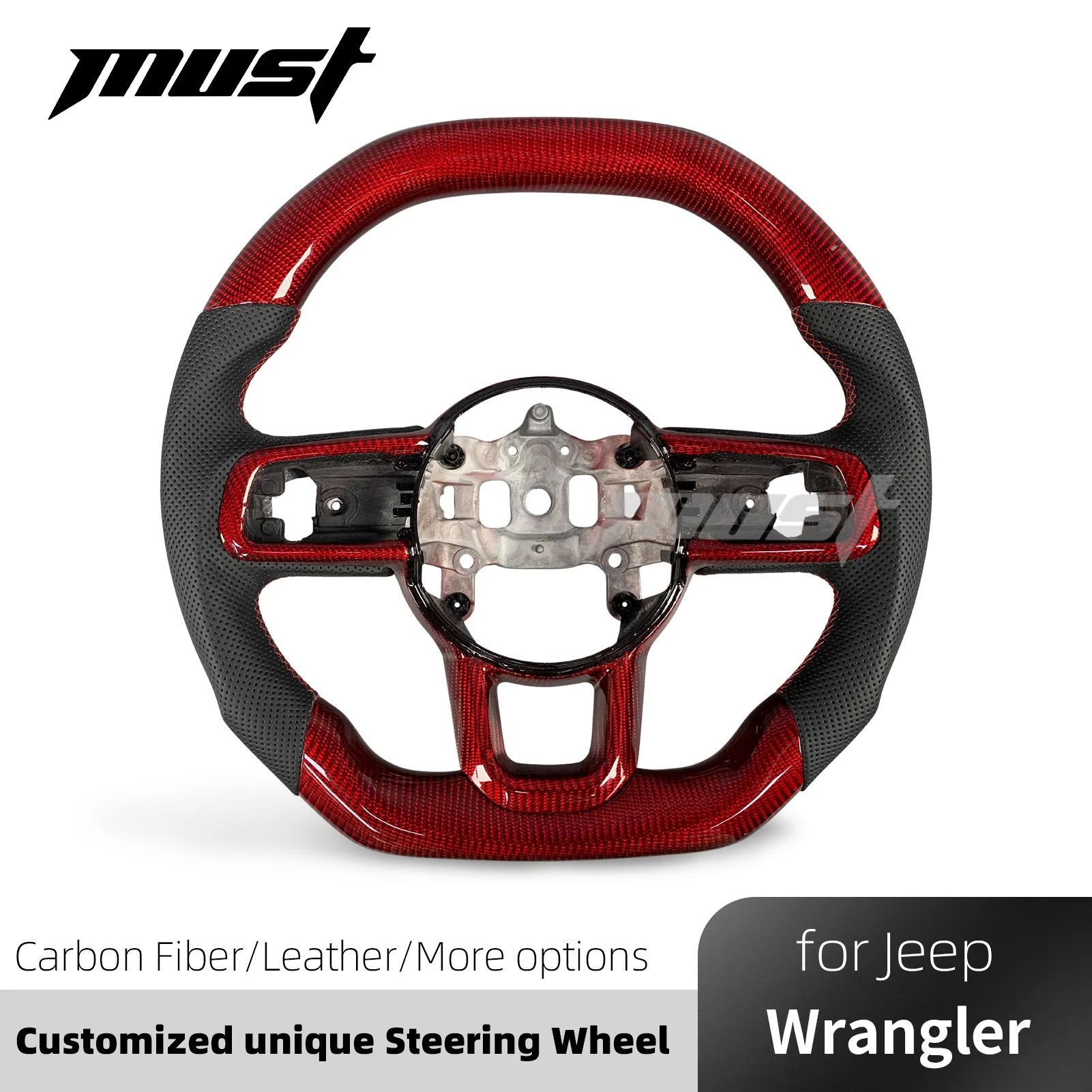 Custom Red Design Sport Carbon Fiber Steering Wheel for Jeep Wrangler JL Gladiator JT Rubicon Unlimited 4x4 4xe 2018-2026
