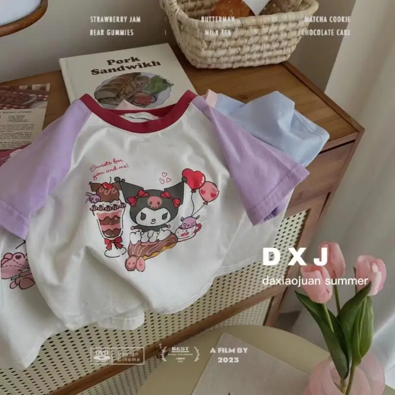 Sanrios Hello Kittys kaus anak perempuan katun Kawaii Kuromi Cinnamoroll anak lengan pendek gambar kartun Atasan musim panas lucu Korea