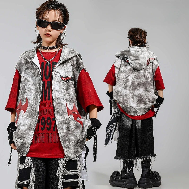

Boys Hip Hop Costume Girls Jazz Dance Fashion Clothing Hooded Vest Black Ripped Shorts Street Dance Drum Stage Performance Wear