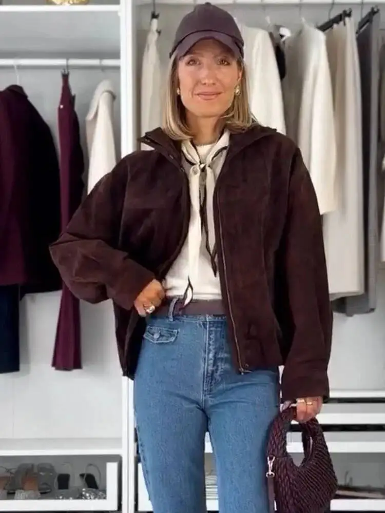 Women Autumn Casual Loose Female Fashion High Collar Zipper Side Pocket Design Jackets Solid Street Style Coats