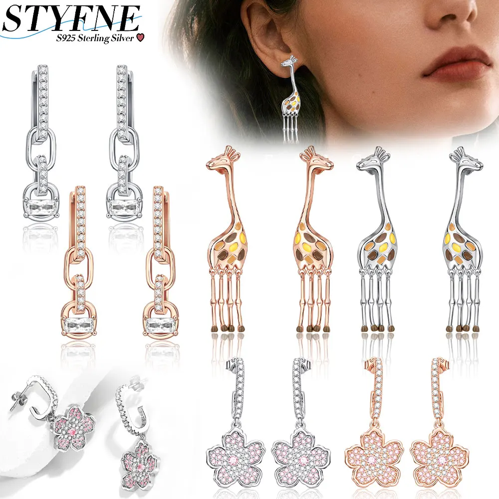 Gold and silver two-color giraffe square flower 925 sterling silver original earrings for women's jewelry Valentine's Day gift