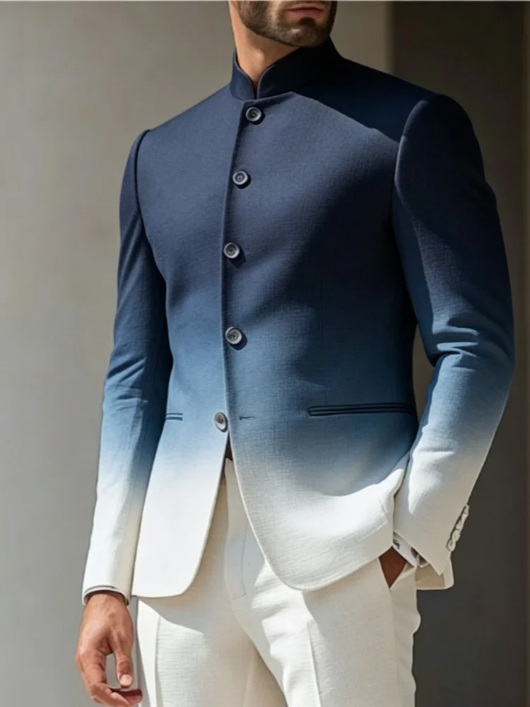 Mens Slim Fit Stand Collar Blazer Navy Blue to White Ombre Gradient Color Outerwear