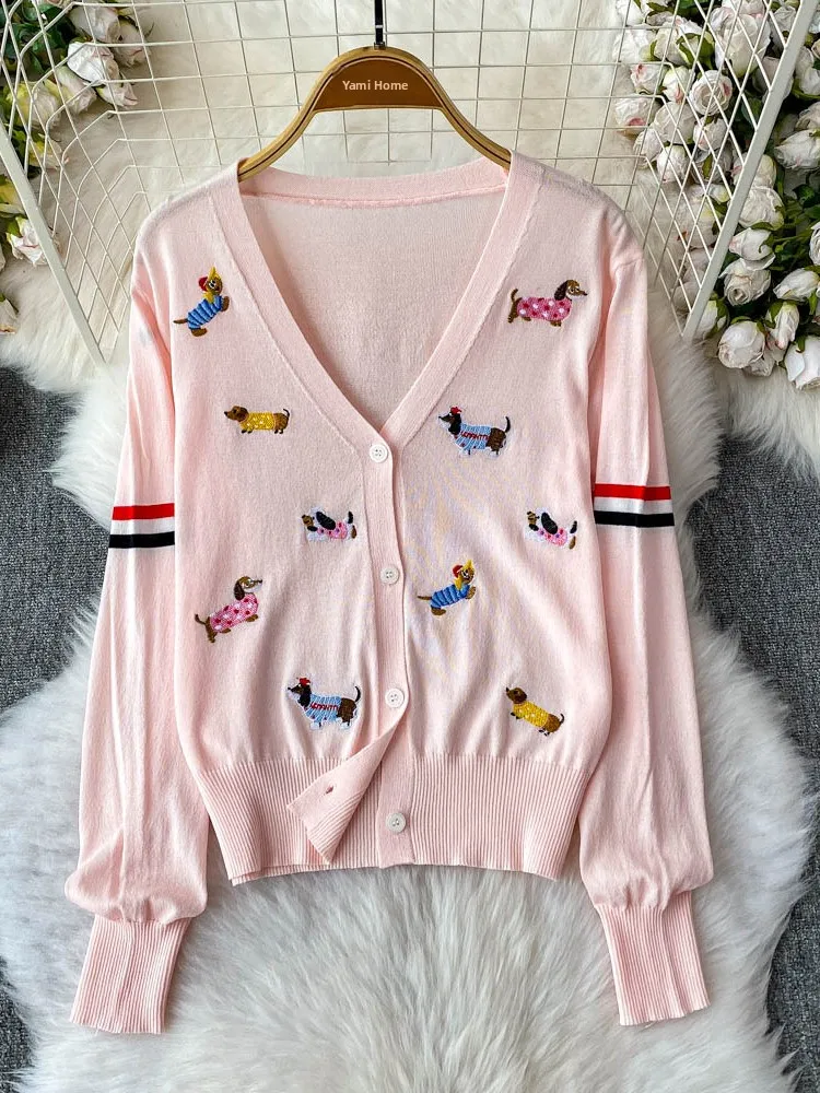 

Cute Little Dog Embroidery V-Ne Long Sve Knitted Sweater Women's Summer Versatile Loose Slimming Outerwear Top