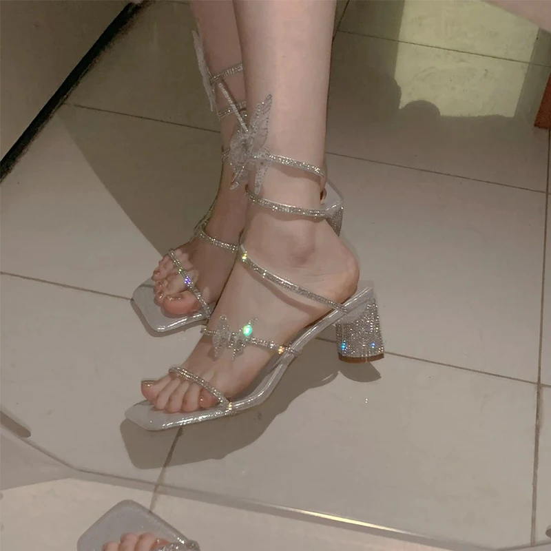 Low Sandals Woman Leather High Heels Clear Shoes Open Toe Suit Female Beige 2024 Summer Low-heeled Rhinestone High-heeled Sexy F